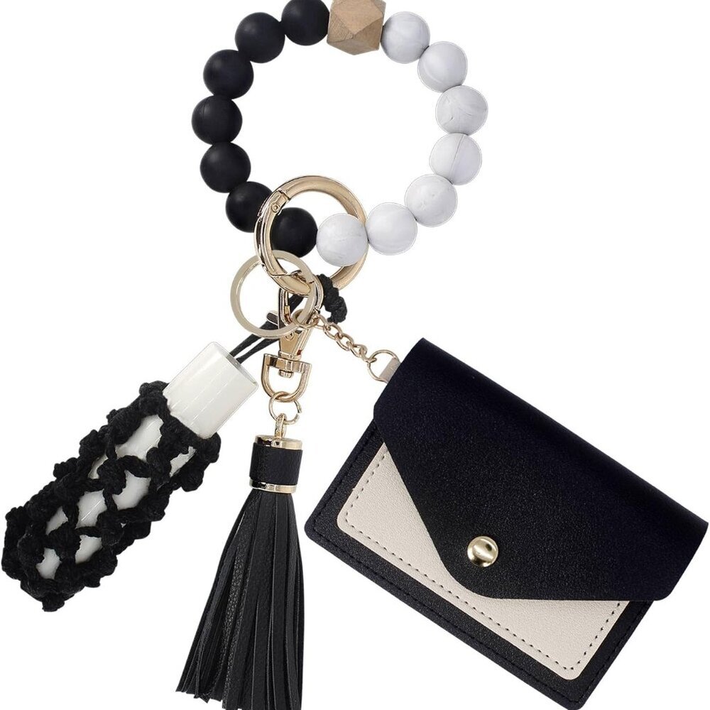 Silicone Key Ring Bracelets Wristlet Keychain Wallet with Net Chapstick Holder f
